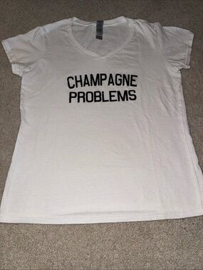 Custom One of a Kind Swift Sparkle Champagne Problems White V-Neck Graphic Tee!